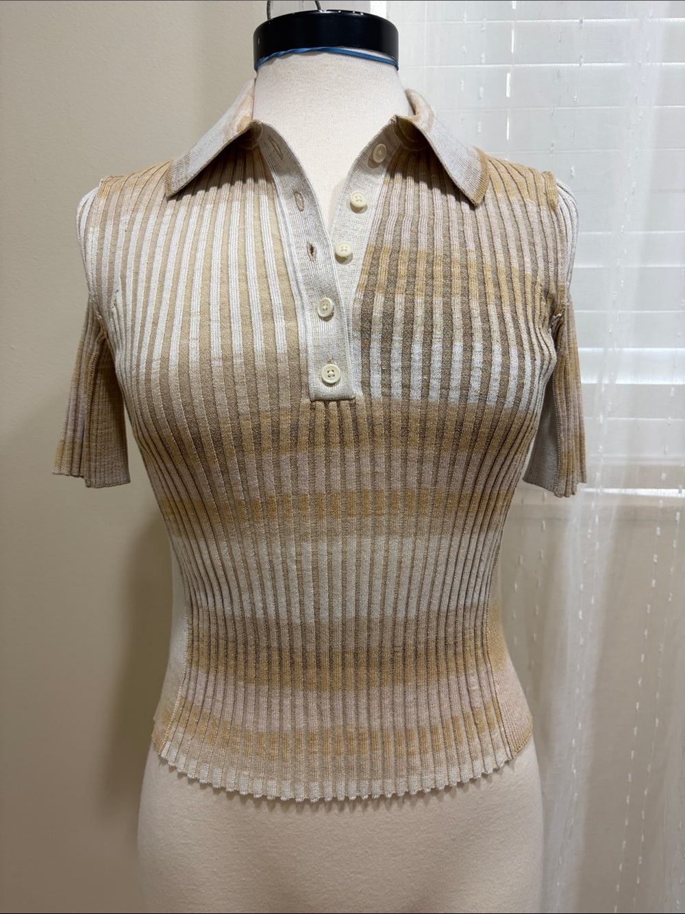 SIMKHAI Women’s Ribbed Polo Top in Beige Stripe NEW XS
